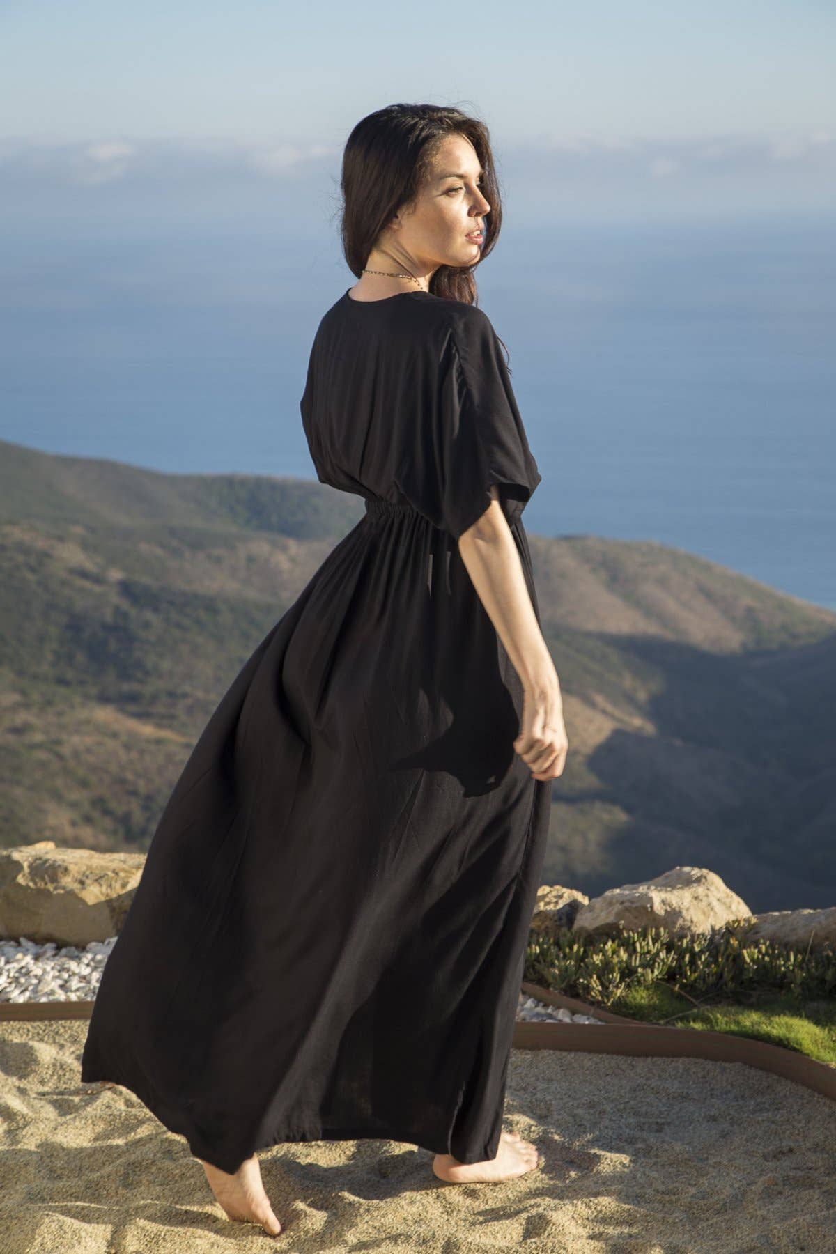 Amy Kimono Maxi Slit Dress in Santorini Solids, Long Bohemia: Black