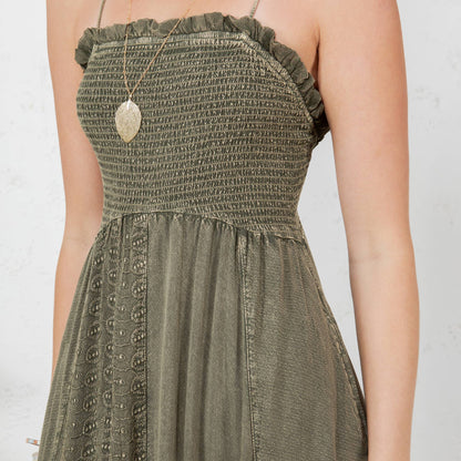 Sun-Kissed Patchwork: Smocked Bliss Boho Mid-Length Dress 