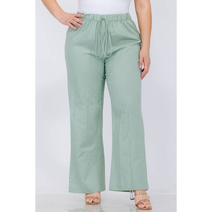 PLUS SIZE LINEN ELASTIC WAIST WIDE LEG PANTS: Black / 1X