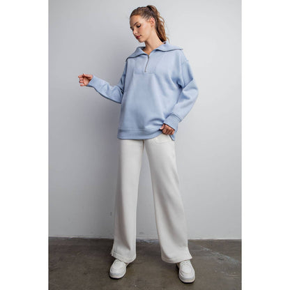 FRENCH TERRY RIBBED MOCK NECK PULLOVER: Sky Blue / S
