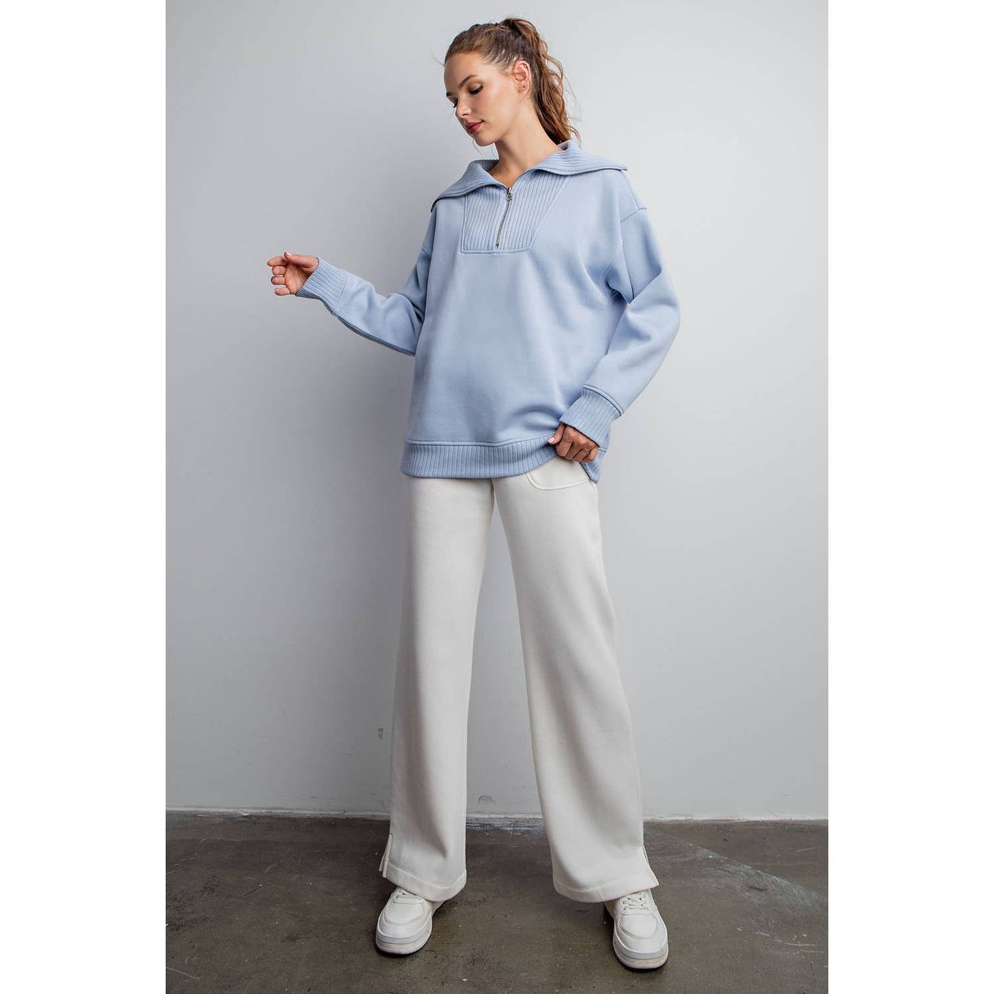 FRENCH TERRY RIBBED MOCK NECK PULLOVER: Sky Blue / M