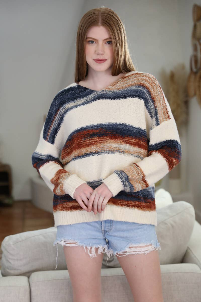 XHP97-ASIS V NECK FUZZY STRIPED PULLOVER SWEATER