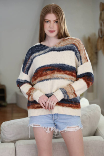 XHP97-ASIS V NECK FUZZY STRIPED PULLOVER SWEATER