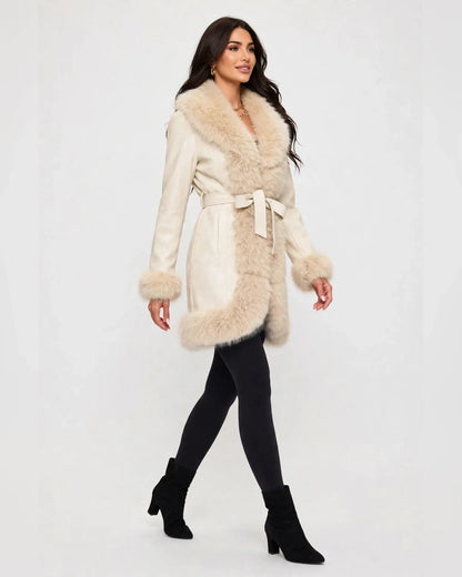 CLAPC0018: Women's Faux Leather Coat, Faux Fur Contrast Trim