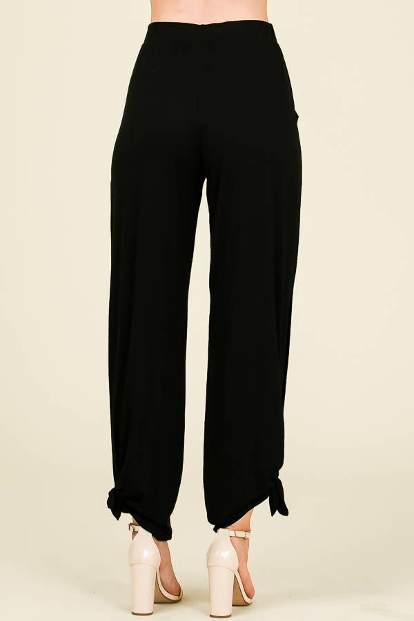 Solid Elastic Waist Side Slit Ankle Tie Pants P1462