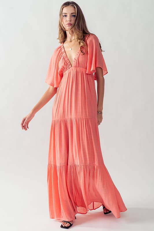 DEEP V NECK TIERED MAXI DRESS: BLACK