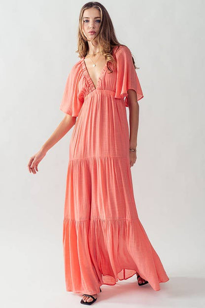 DEEP V NECK TIERED MAXI DRESS: BLACK