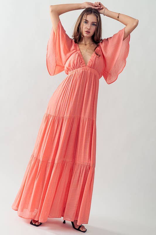 DEEP V NECK TIERED MAXI DRESS: BLACK