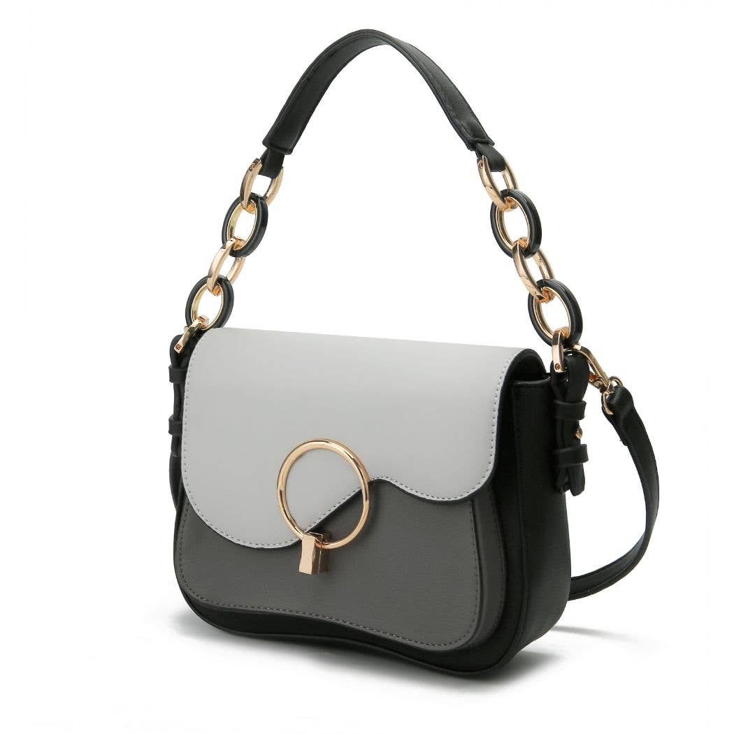 Fantasia Solid Crossbody Handbag Vegan Leather Women by Mia: Ivory-Cognac-Navy