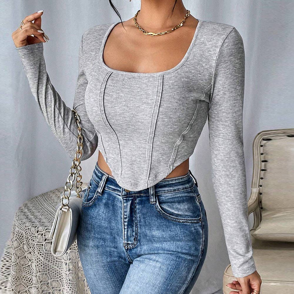 Corset Square Neck Ribbed Knit Long Sleeve Cropped Blouse: Gray / L