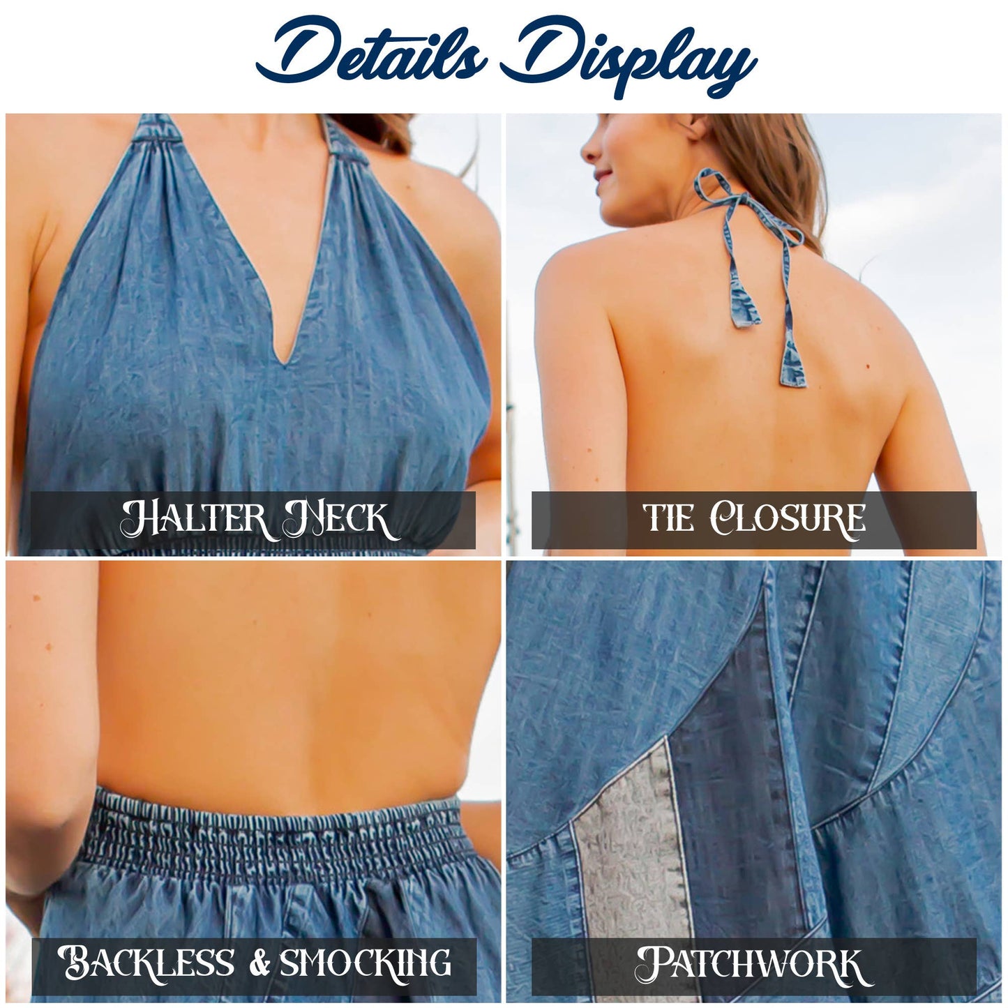 Halter Neck BabyDoll Western Dress Asymmetrical Patch Bottom: Blue / (S-M-L-XL 1-2-2-1)