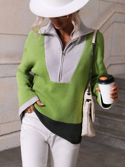 Color Block Half-Zip Dropped Shoulder Knit Pullover: Blue / XL