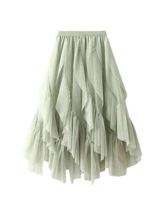 Elasticity Gauze Pleated Solid Color Split-Joint A-Line Loos