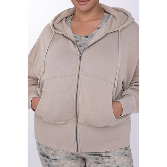 PLUS SIZE FRENCH TERRY ZIPPER HOODY JACKET: NATURAL / 3X