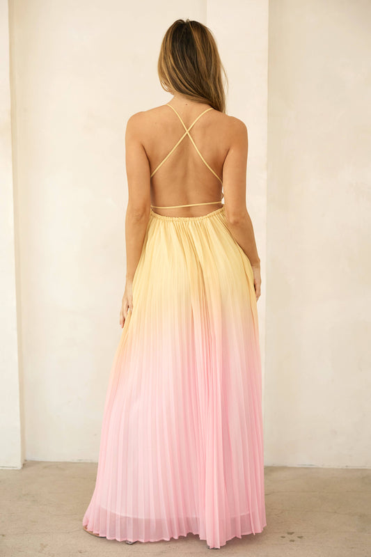LD1225 Plunge Neckline Pleated Maxi Dress: Yellow Pink Ombre / Contemporary / L