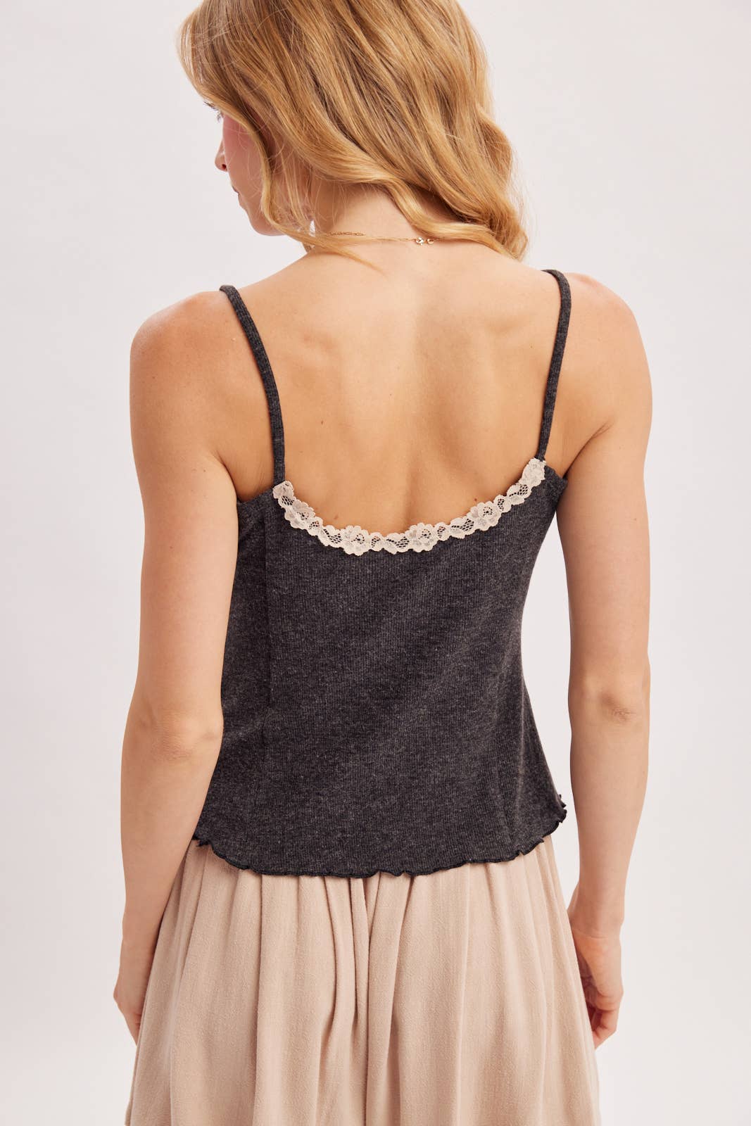 LACE TRIMMED LETTUCE-EDGE HEM V-NECK CAMI - EASTER DAY