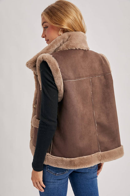 FAUX SUEDE WITH FAUX SHEARLING LINING TRIM VEST