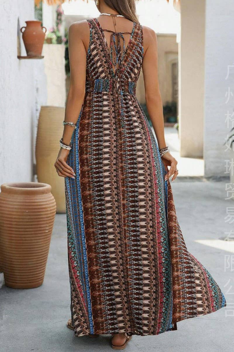 CWDHL0947_SUMMER V-NECK BOHEMIAN LONG DRESS