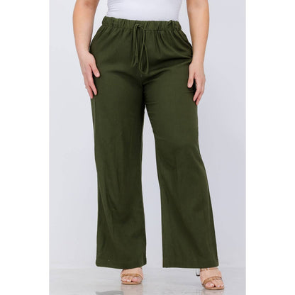PLUS SIZE LINEN ELASTIC WAIST WIDE LEG PANTS: Black / 3X