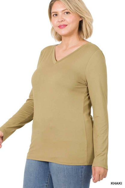 Plus Size Brushed Microfiber Long Sleeve V-neck Tee