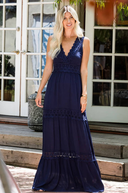 CROCHET LACE WOVEN MAXI DRESS: NAVY / S