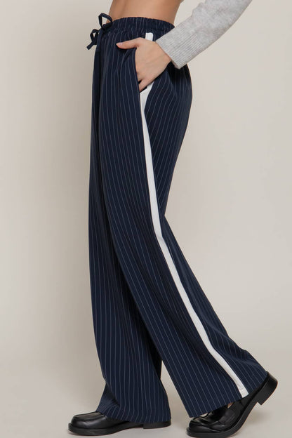 Side Stripe Detail Y/D Stripe Long Pants with Drawstring