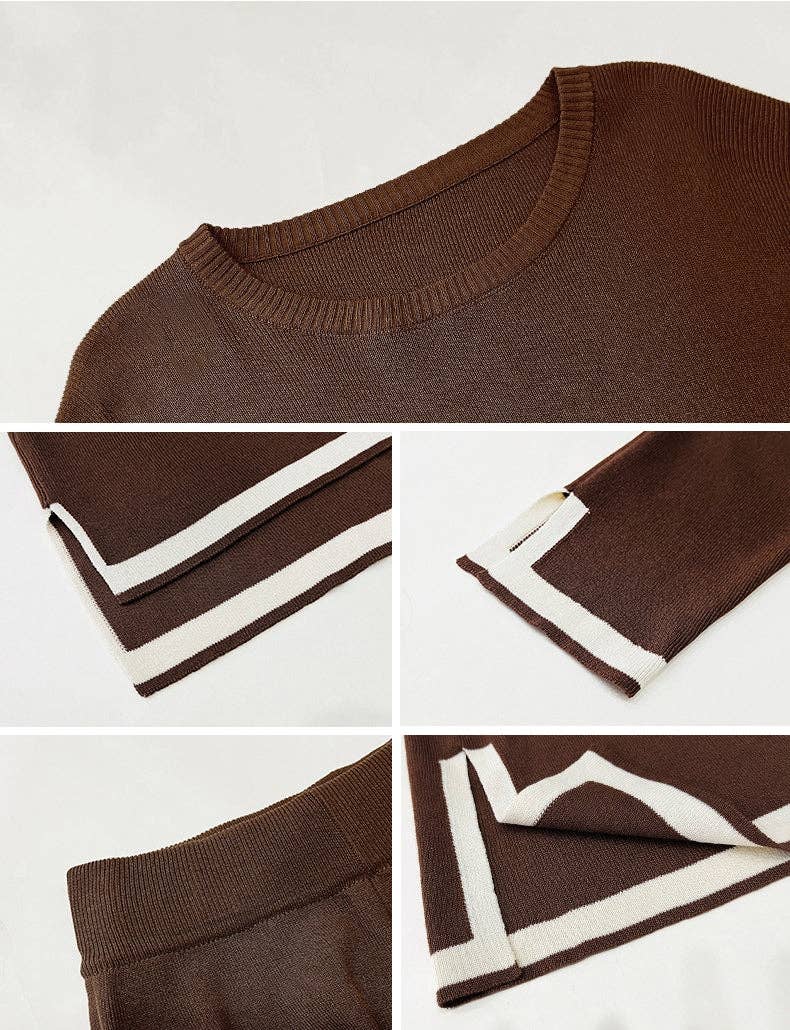 Apricot,Solid Color Knit Long Sleeve Sweater Pant Lounge Set