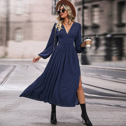 Long Sleeve Solid Color A-Line Midi Dress