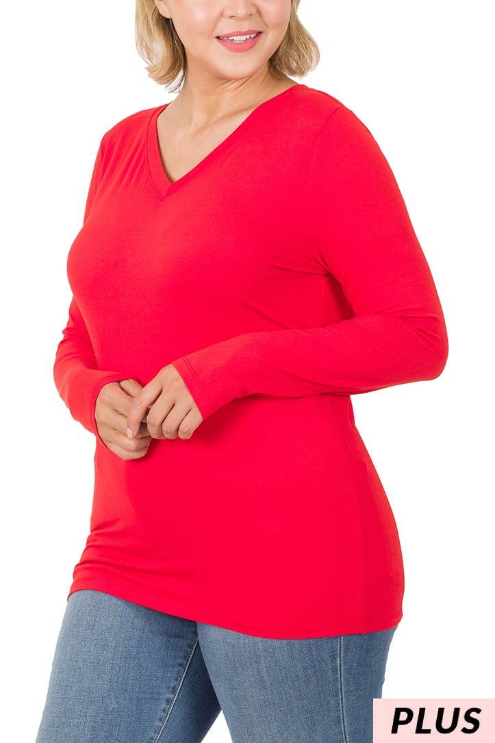 Plus Size Brushed Microfiber Long Sleeve V-neck Tee