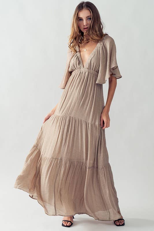 DEEP V NECK TIERED MAXI DRESS: BLACK