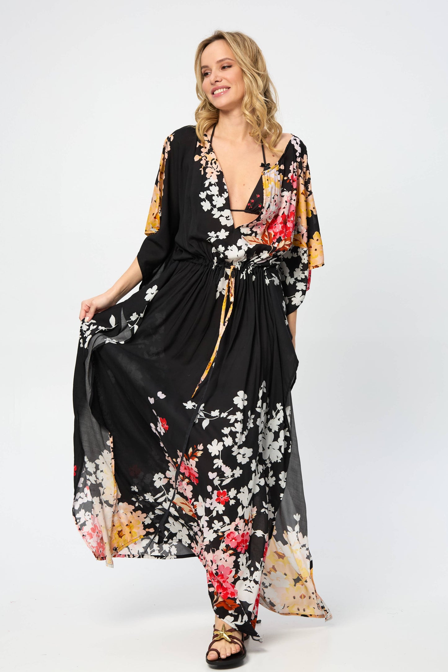 Multicolored Fiore Tie Waist Keyhole Kaftan