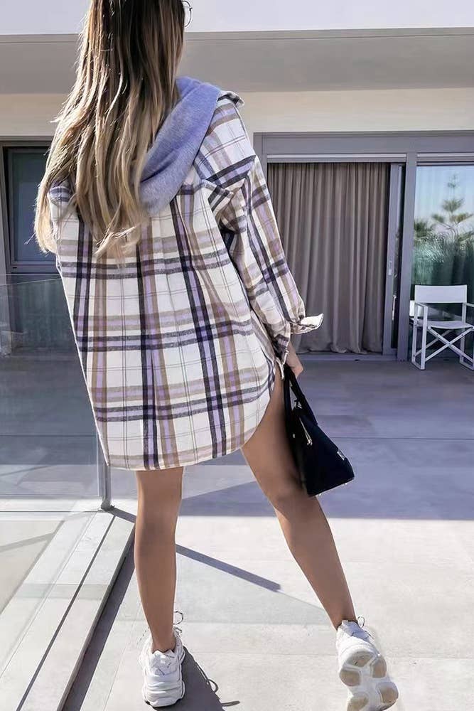 Plaid Single-breasted Detachable Hooded Shacket TOPW1575