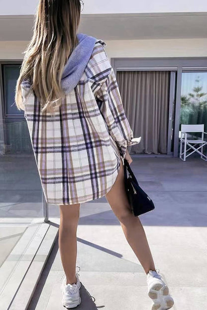Plaid Single-breasted Detachable Hooded Shacket TOPW1575