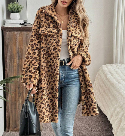 Women Oversized Leopard Print Faux Fur Mid-Length Coat