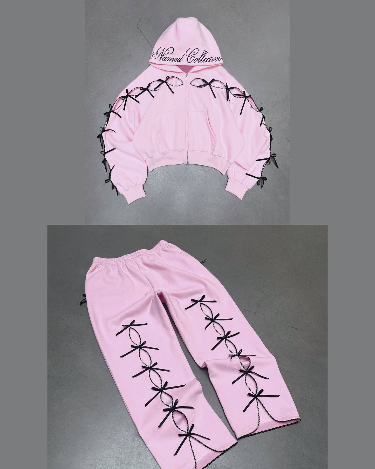 Black Solid color bow velvet casual hollow sweatshirt sports pants