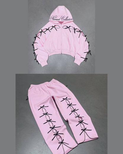 Black Solid color bow velvet casual hollow sweatshirt sports pants