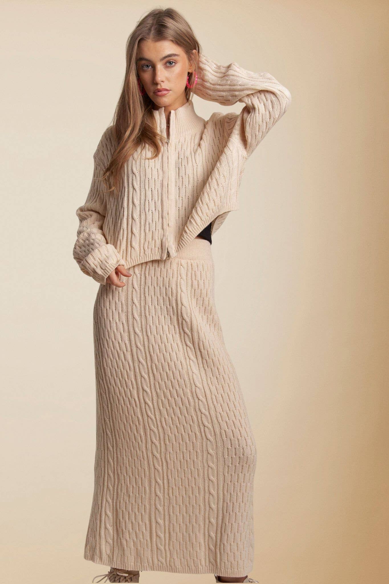 CESW3452 - ZIP UP SWEATER TOP AND SKIRT SETS