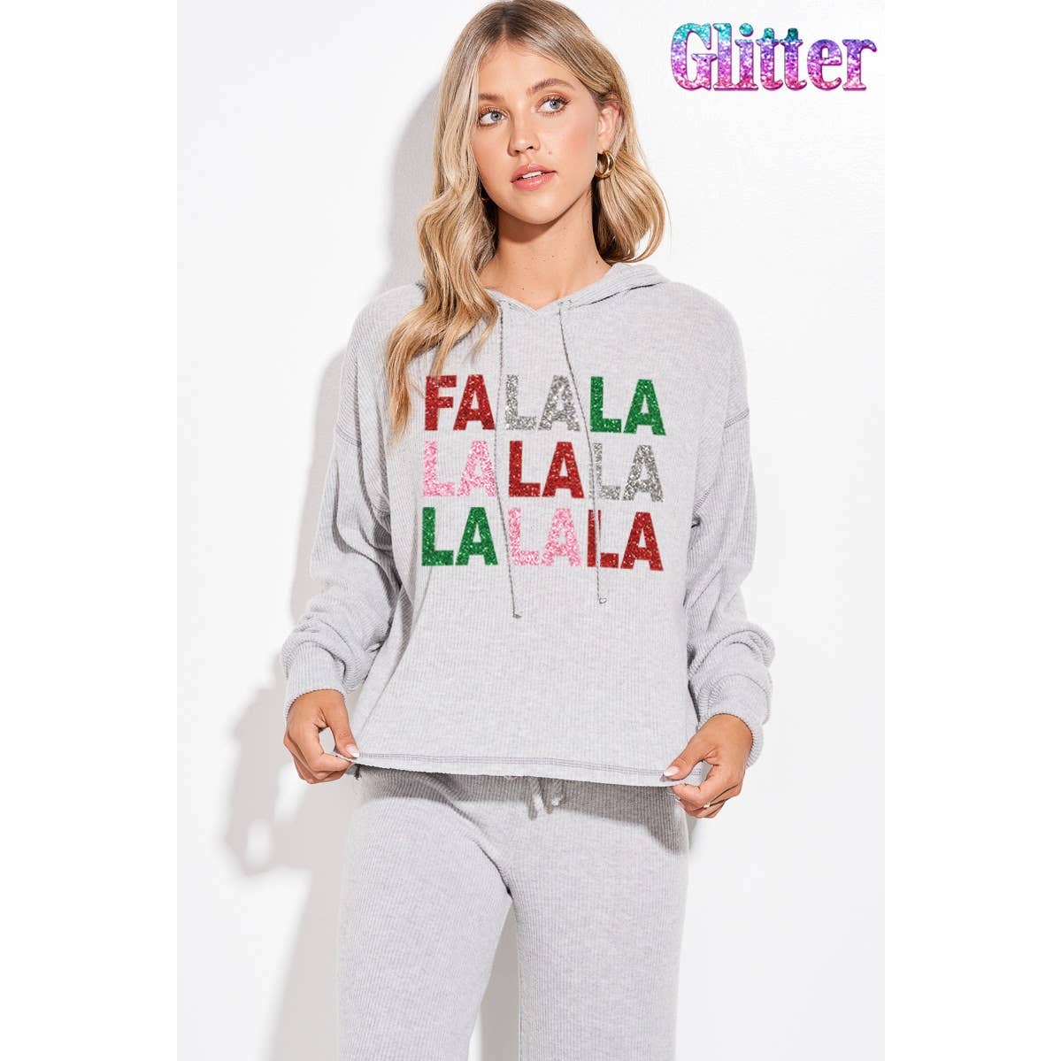Falalala glitter print rib Hoodie loungewear set