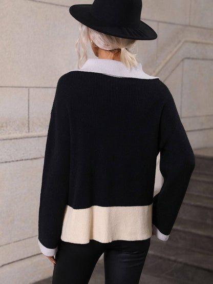 Color Block Half-Zip Dropped Shoulder Knit Pullover: Blue / XL