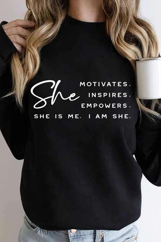 She Motivates  (large)Pure Brown Sugar Extra Fine, Unisex Crewneck Fleece Sweatshirts: Black / L