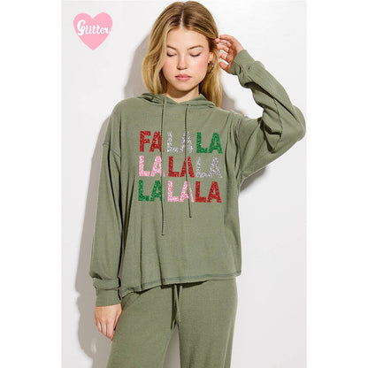Falalala glitter print rib Hoodie loungewear set