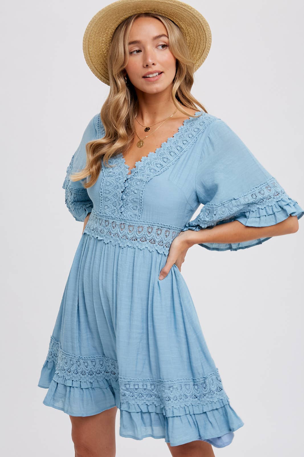 V-NECK LACE DRESS - Open Back with Tie Detail