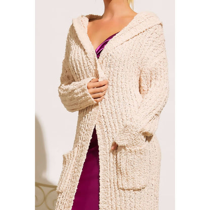 RIBBED POPCORN KNIT LONG OPEN HOODIE CARDIGAN: Adobe / ML