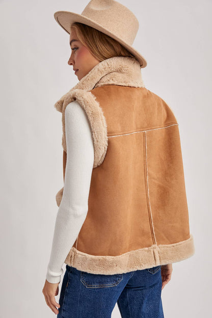 FAUX SUEDE WITH FAUX SHEARLING LINING TRIM VEST