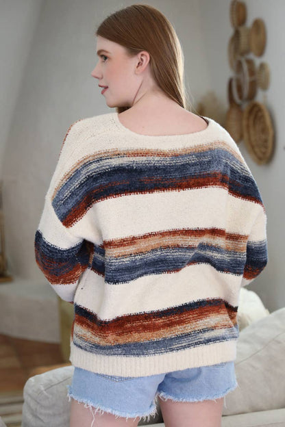 XHP97-ASIS V NECK FUZZY STRIPED PULLOVER SWEATER