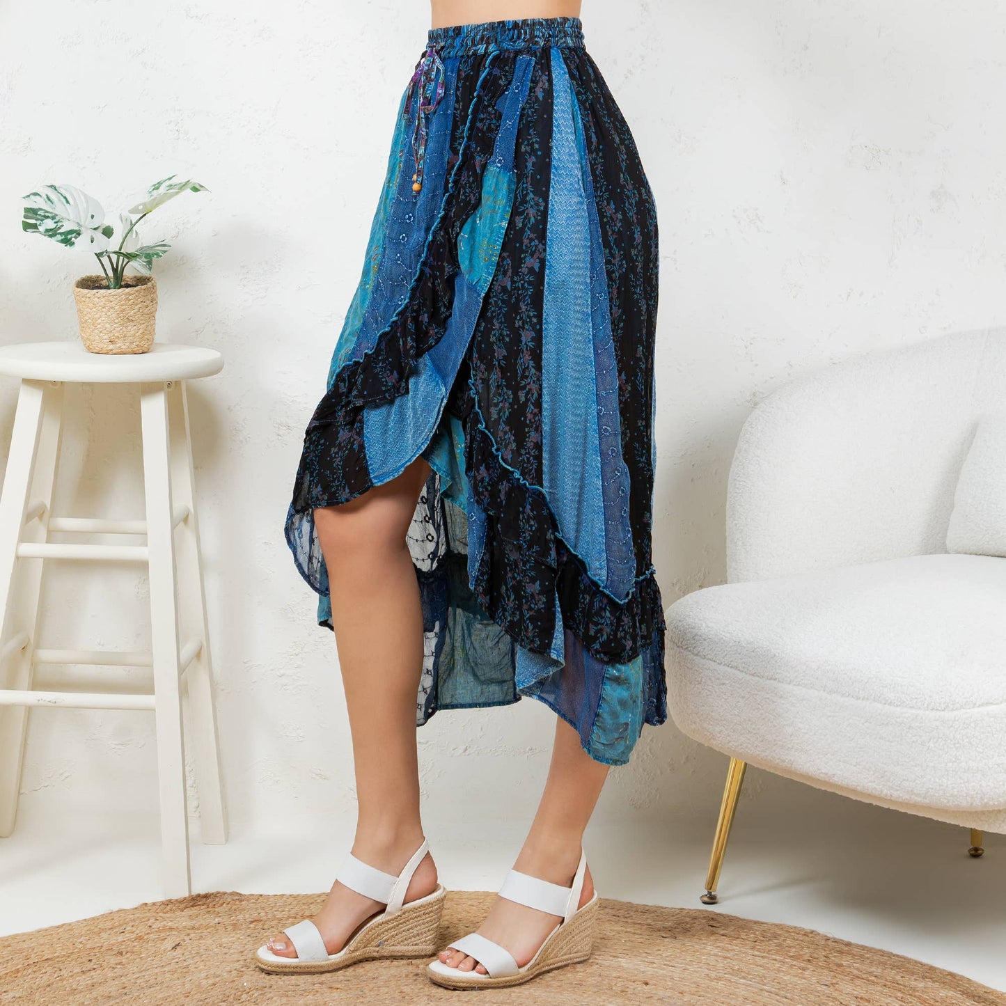 Boho Fusion: Ruffled wrapped look Fit&Flare Midi Skirt