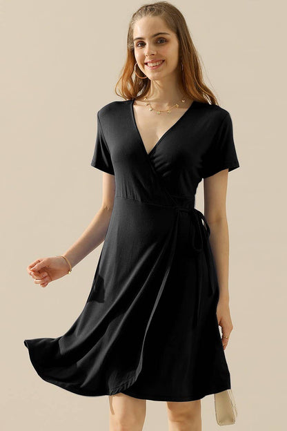 CWDSD10372_V NECK CASUALSHORT SLEEVE WRAP DRESSES