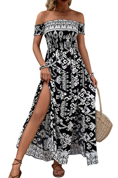 CWDMD2357_STRIPED OFF-SHOULDER SLIT DRESS