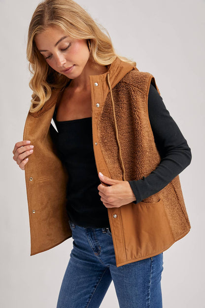 SHERPA FLEECE HOODED VEST WITH FAUX SUEDE INNER