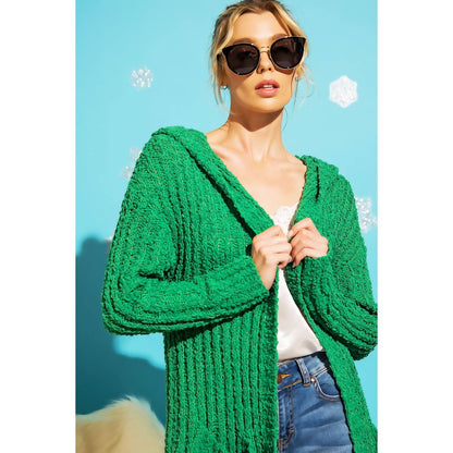 RIBBED POPCORN KNIT LONG OPEN HOODIE CARDIGAN: Adobe / ML